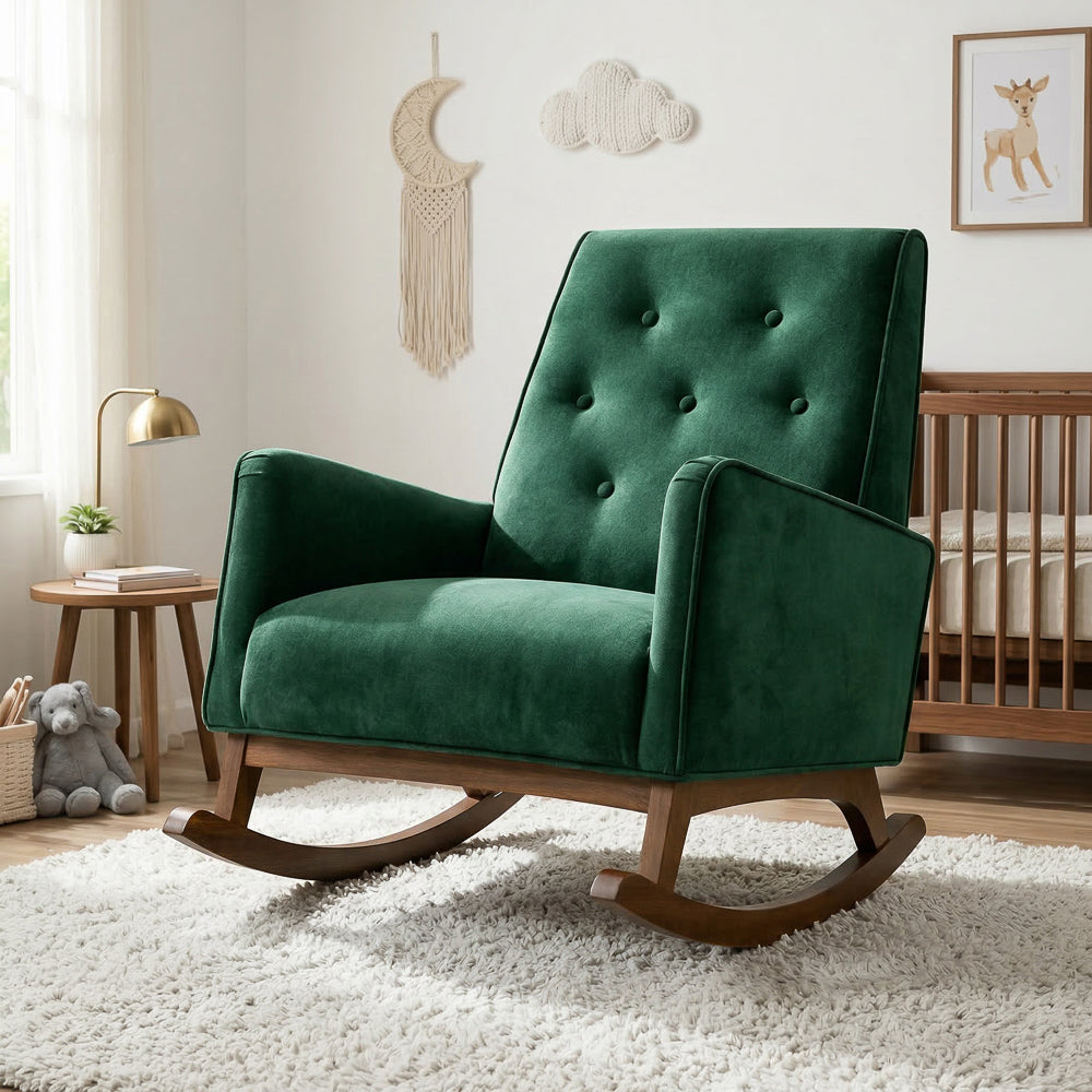 Windsor Rocking Chair | Green Velvet & Solid Wood Legs | MidinMod