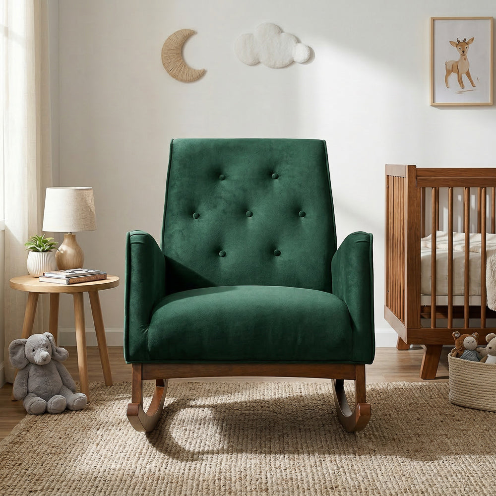 Windsor Rocking Chair | Green Velvet & Solid Wood Legs | MidinMod