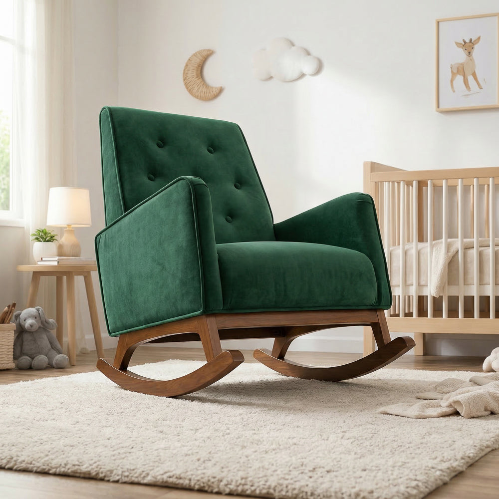 Windsor Rocking Chair | Green Velvet & Solid Wood Legs | MidinMod