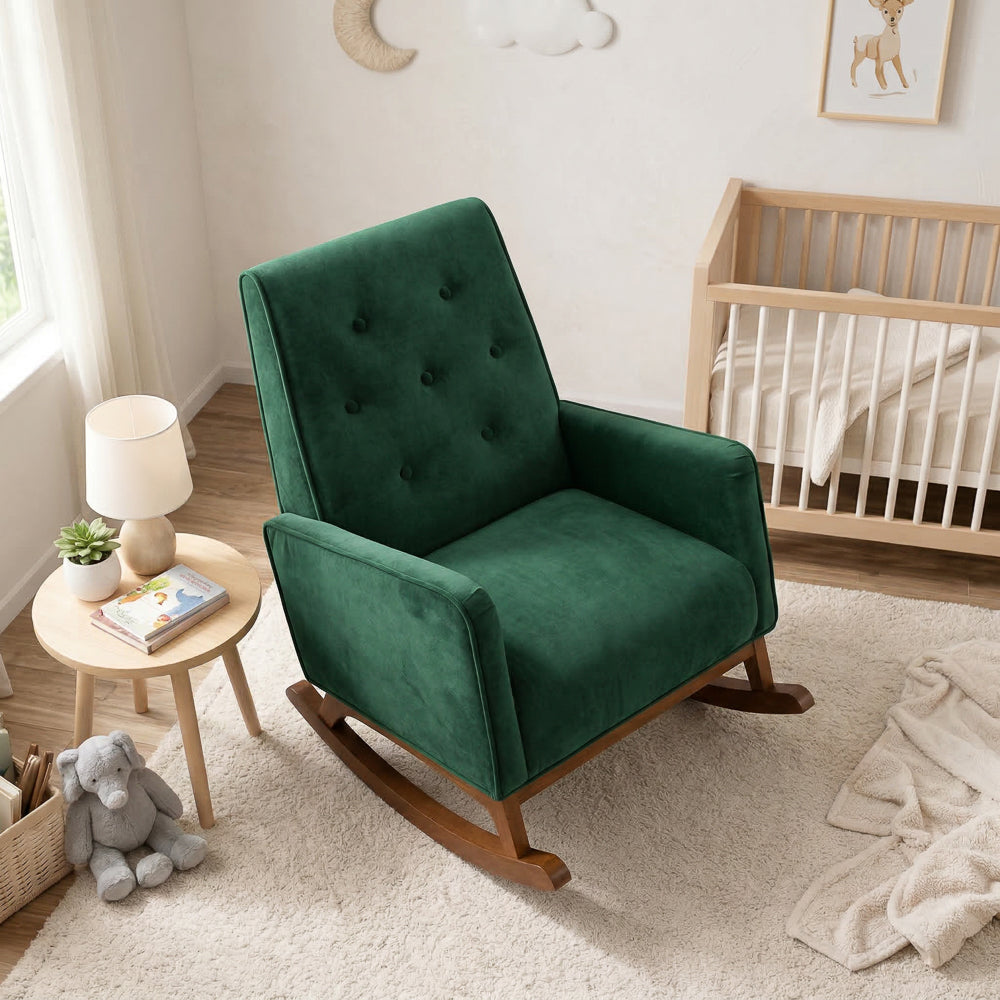 Windsor Rocking Chair | Green Velvet & Solid Wood Legs | MidinMod