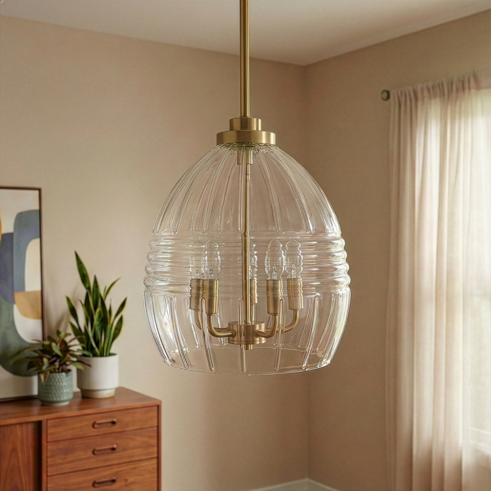 Zen 5-Light Chain Hanging Pendant | Satin Brass and Clear Glass | MidinMod