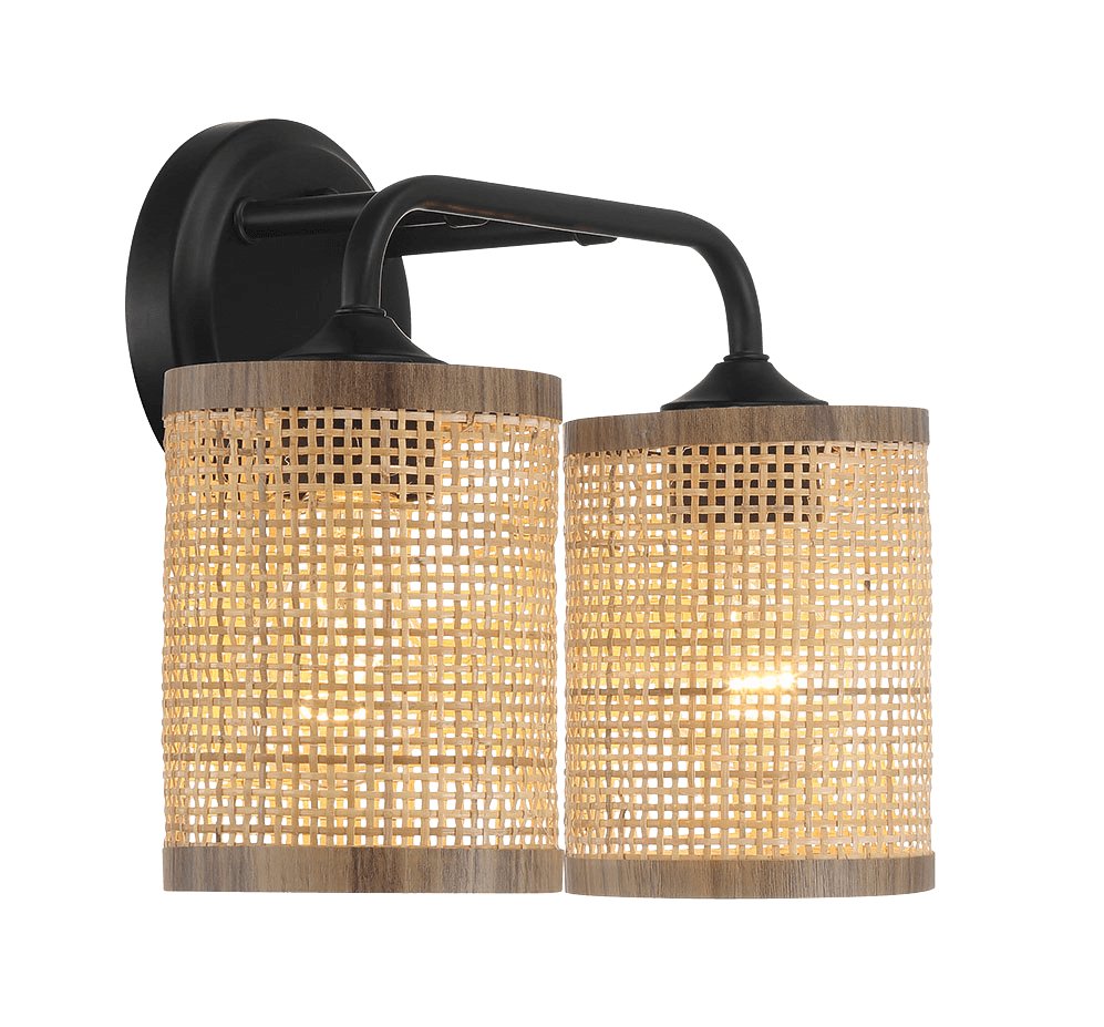 Quell Double Light Vanity With Natural Rattan Shade Wall Lamp - MidinMod