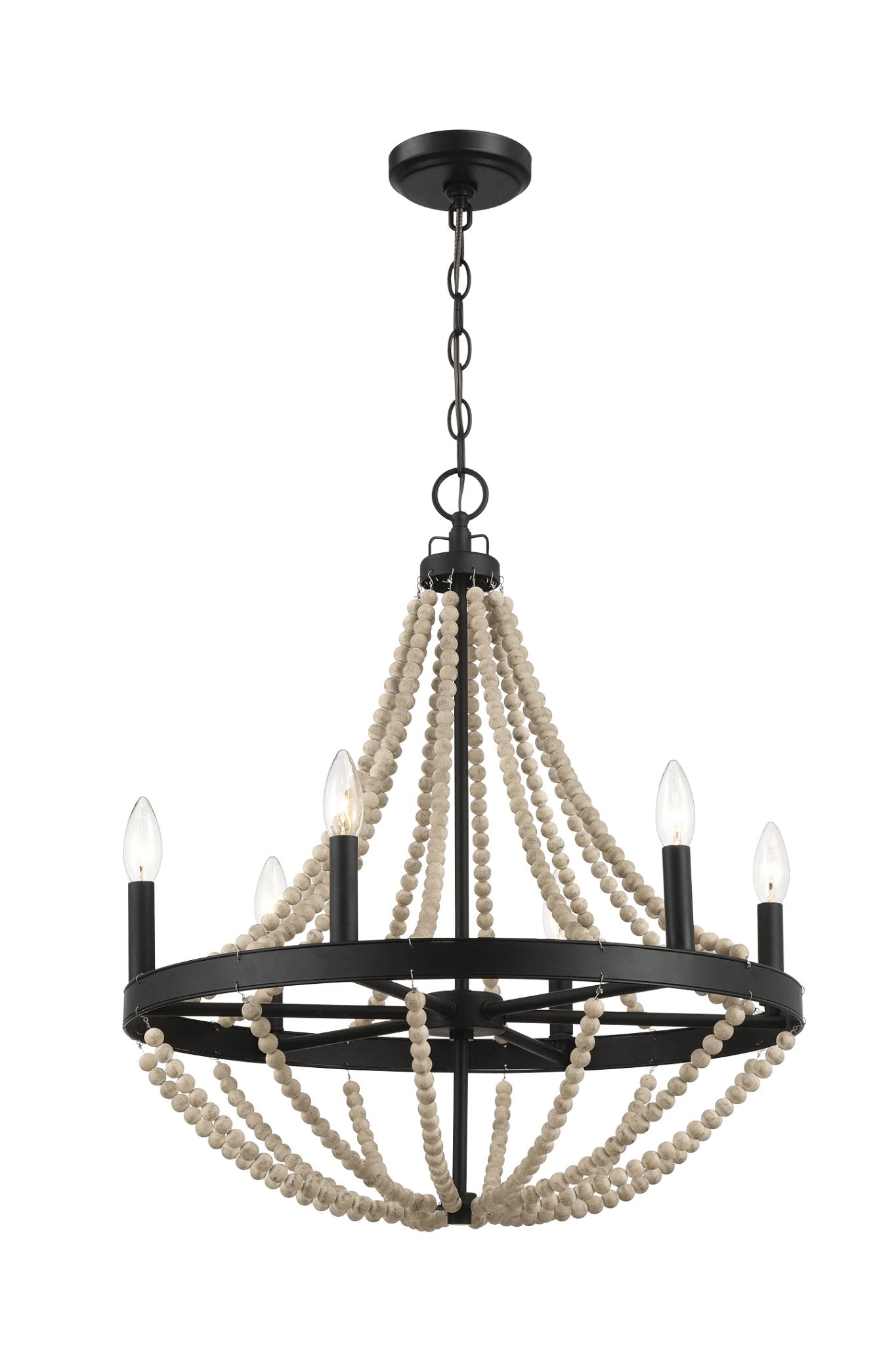 Starry Wood Chandelier Farmhouse Six Candle Light Wood Beaded Black Pendant Light for Dining Room - MidinMod