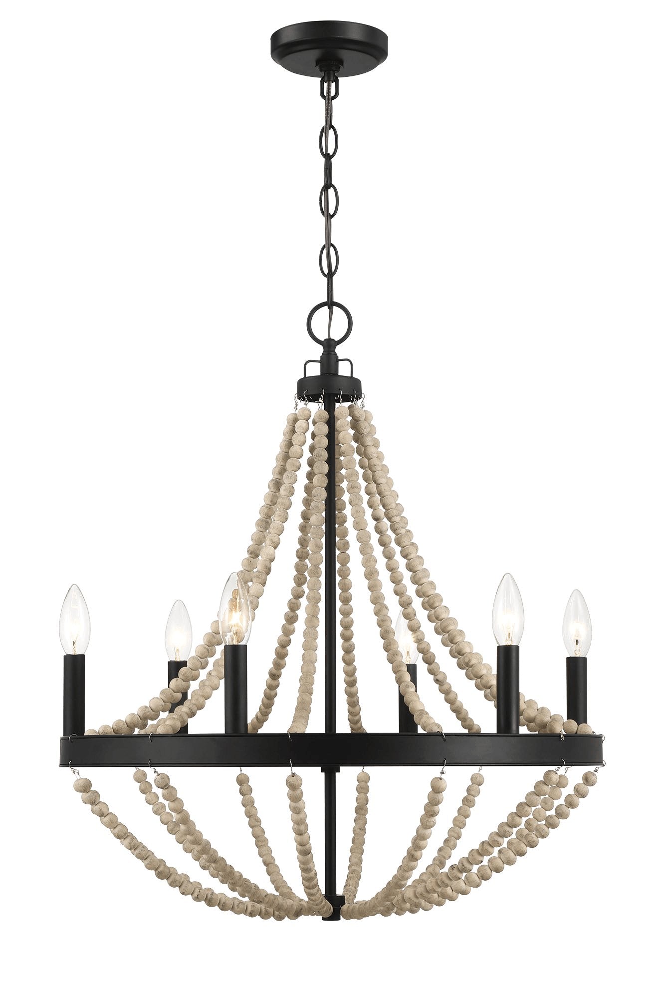 Starry Wood Chandelier Farmhouse Six Candle Light Wood Beaded Black Pendant Light for Dining Room - MidinMod