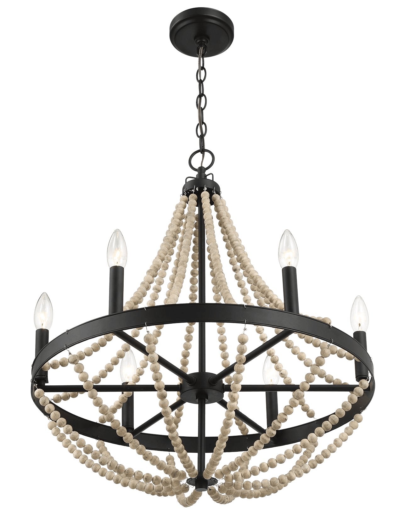 Starry Wood Chandelier Farmhouse Six Candle Light Wood Beaded Black Pendant Light for Dining Room - MidinMod