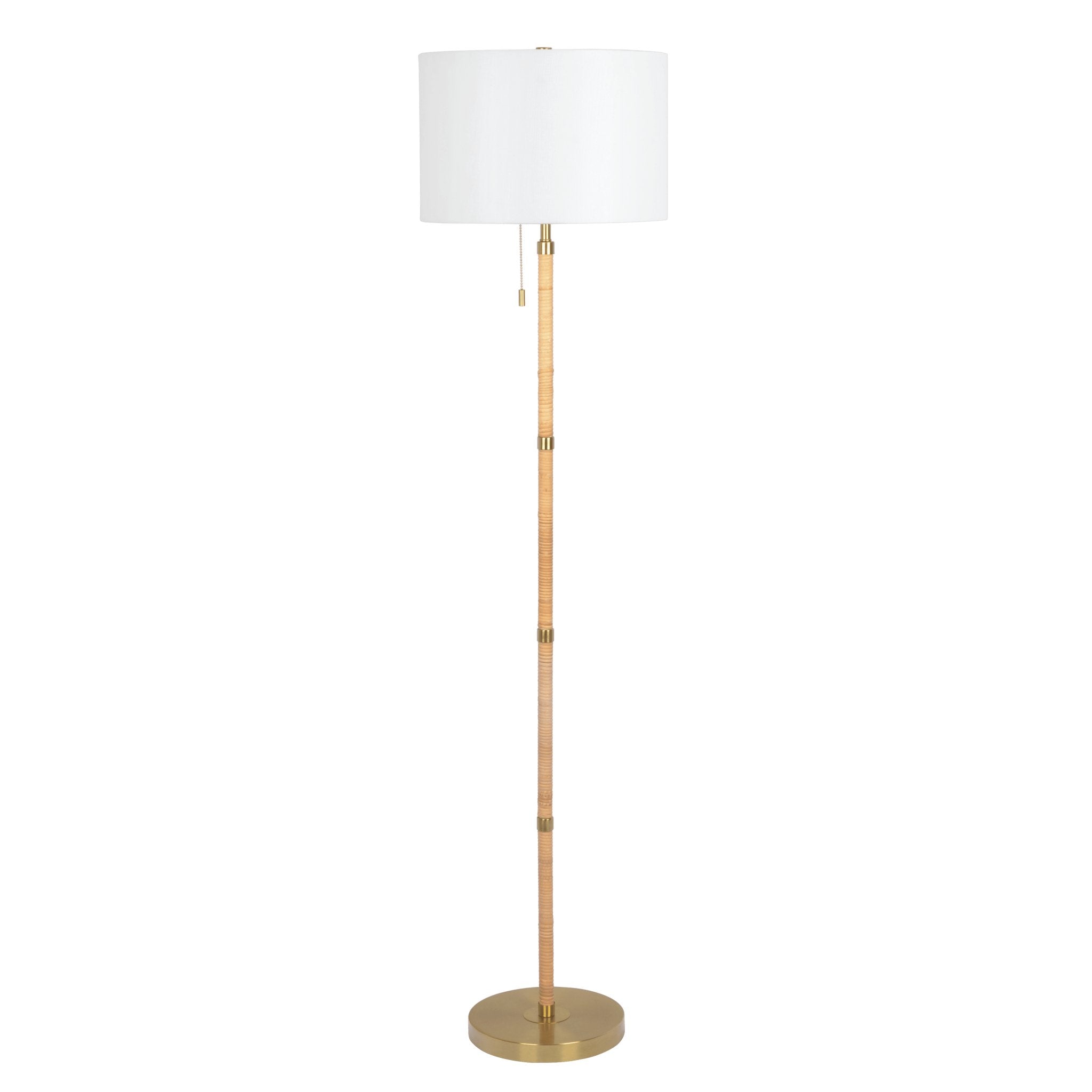 Stellar Wood Rattan Tube , Gold Brass Metal and White Linen Shade Floor Lamp - MidinMod Houston Tx Mid Century Furniture Store - Floor Lamp 1