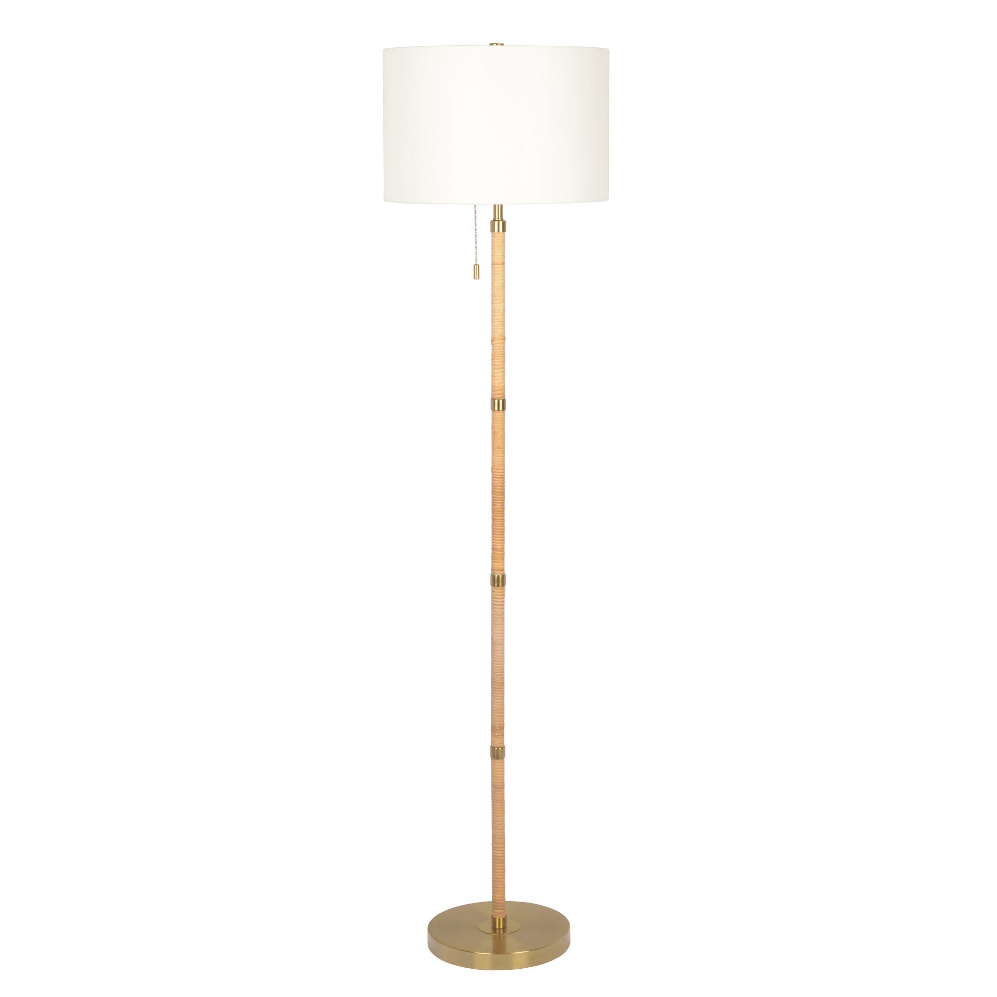 Stellar Wood Rattan Tube , Gold Brass Metal and White Linen Shade Floor Lamp - MidinMod Houston Tx Mid Century Furniture Store - Floor Lamp 2
