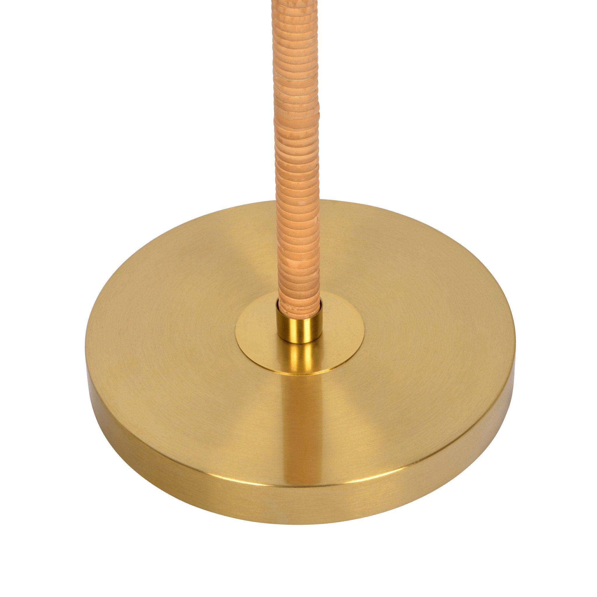 Stellar Wood Rattan Tube , Gold Brass Metal and White Linen Shade Floor Lamp - MidinMod Houston Tx Mid Century Furniture Store - Floor Lamp 4