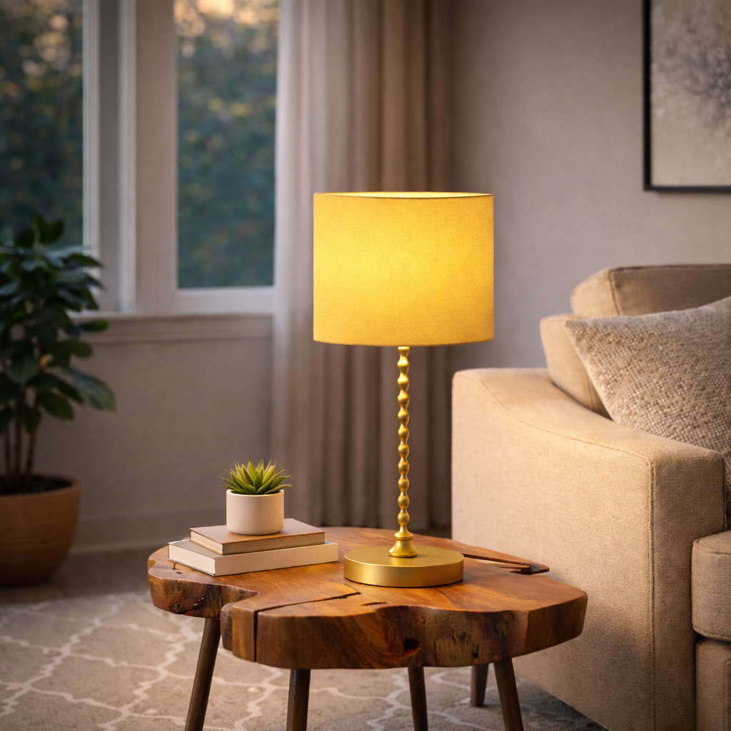 Torch Table Lamp | Gold Iron Base & Ochre Faux Linen Shade | MidinMod