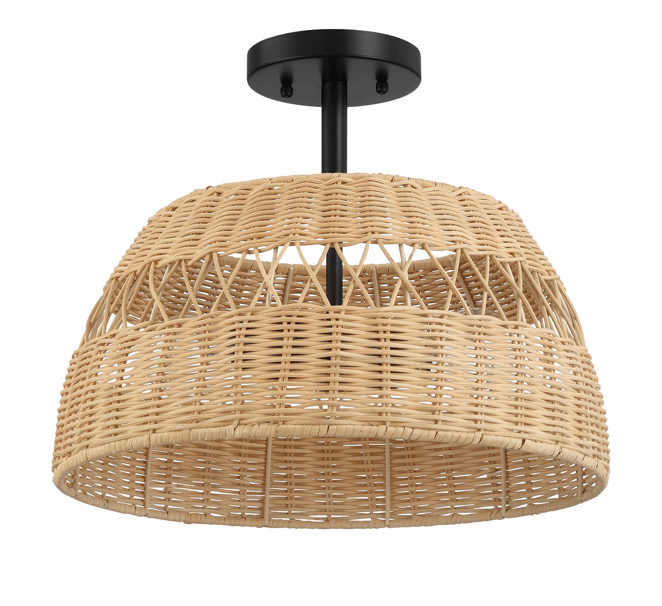 Twinkle Double Lights Semi Flush With Rattan Shade Black Metal Finish for Farmhouse Style - MidinMod