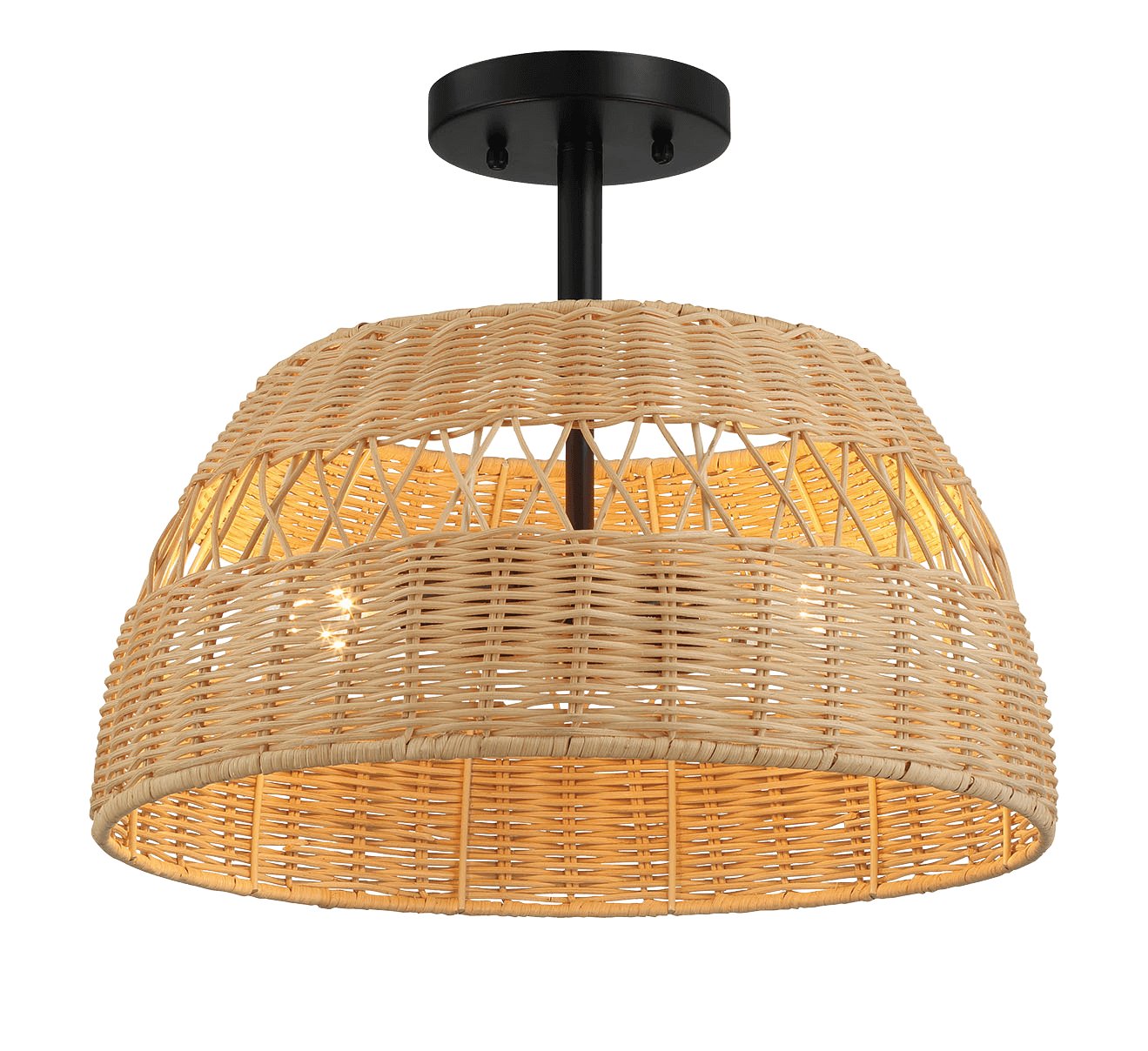 Twinkle Double Lights Semi Flush With Rattan Shade Black Metal Finish for Farmhouse Style - MidinMod