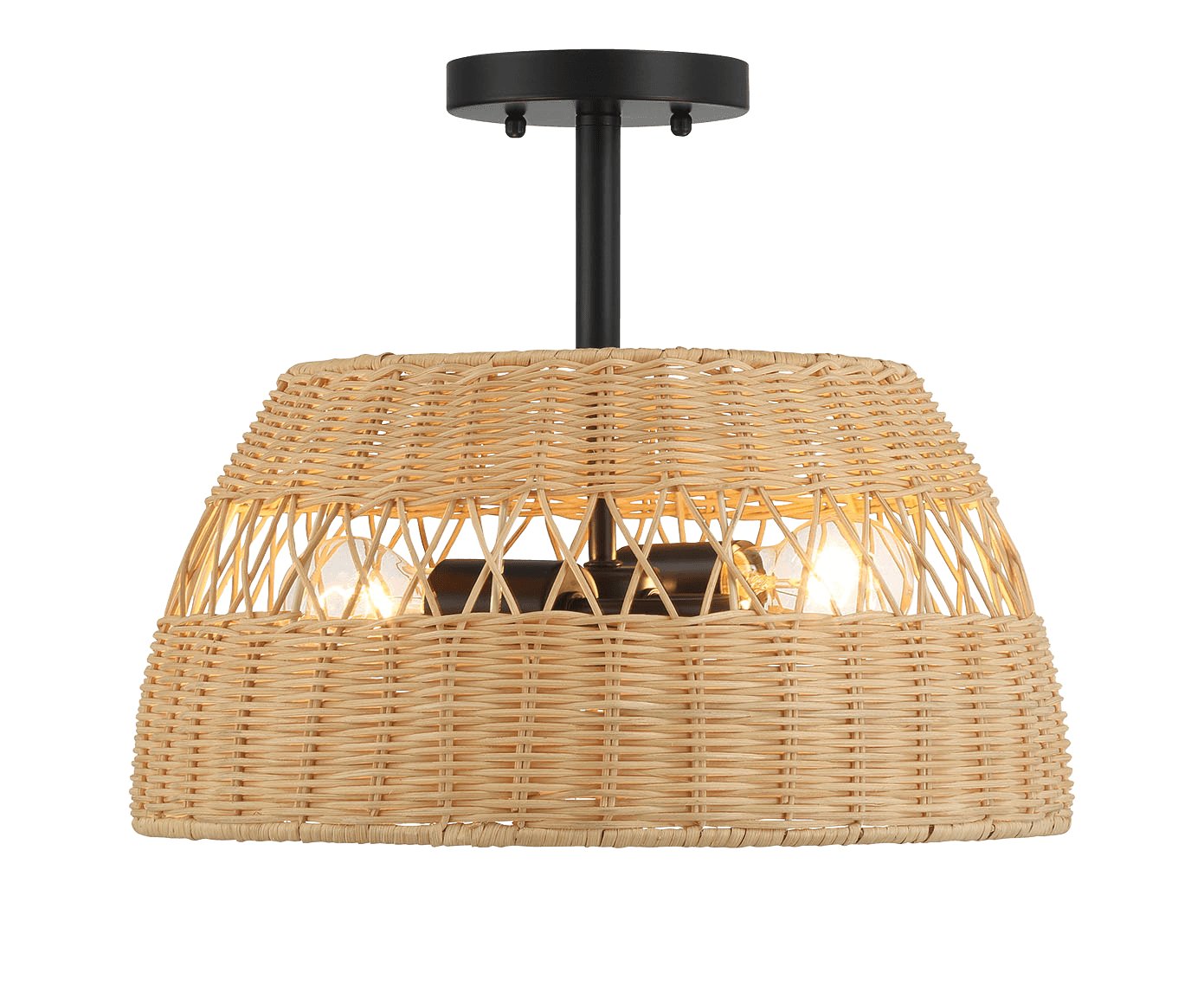 Twinkle Double Lights Semi Flush With Rattan Shade Black Metal Finish for Farmhouse Style - MidinMod