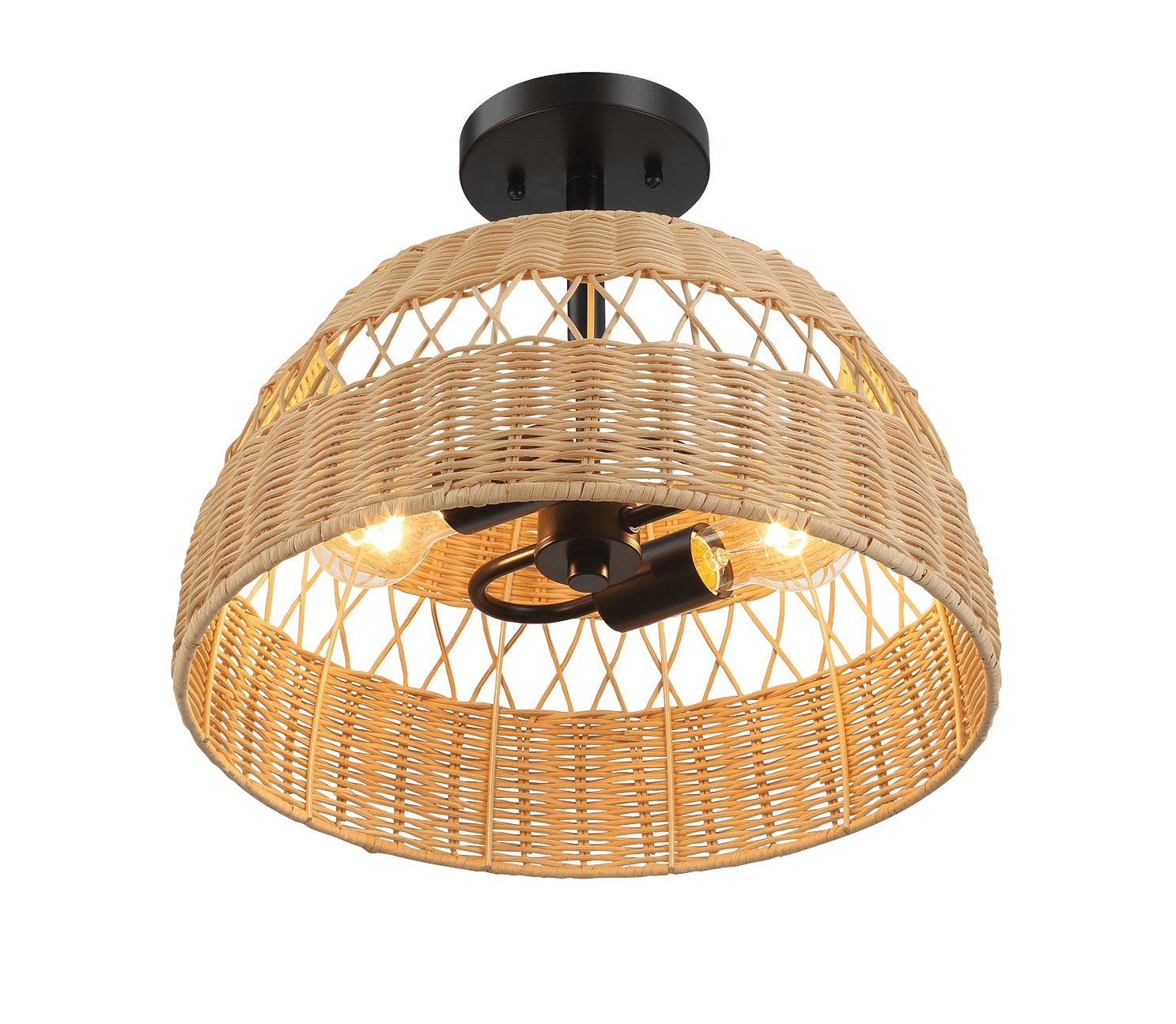 Twinkle Double Lights Semi Flush With Rattan Shade Black Metal Finish for Farmhouse Style - MidinMod