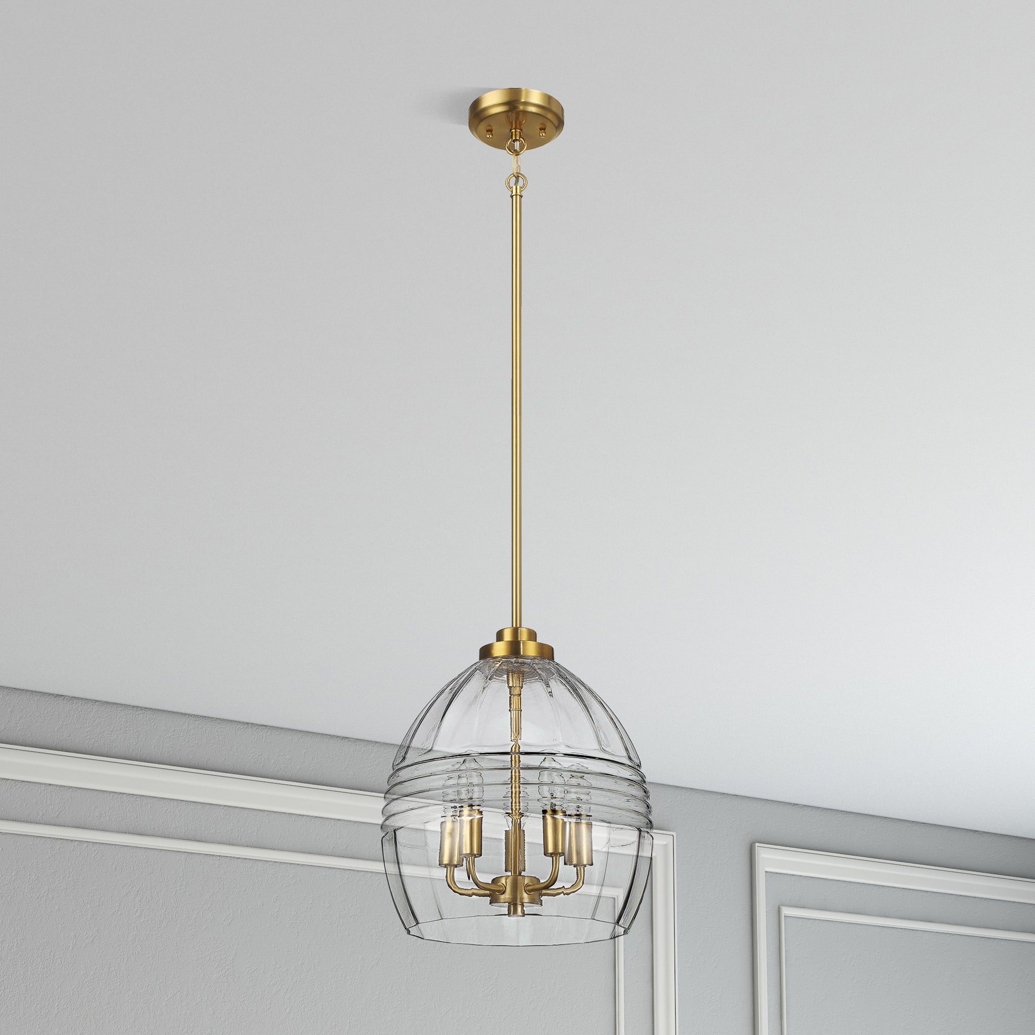 Zen Five Pendant Chain Hanging Light with Clear Glass - Satin Brass