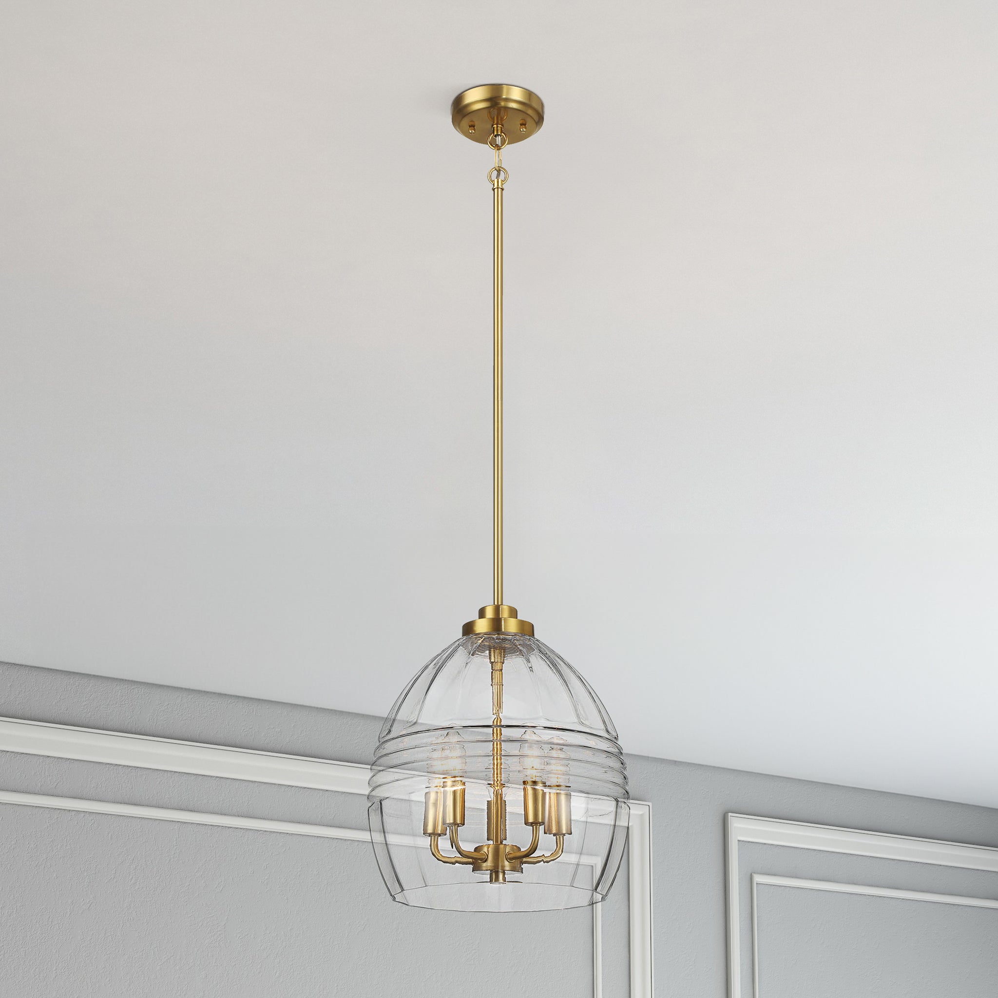 Zen Five Pendant Chain Hanging Light with Clear Glass - Satin Brass