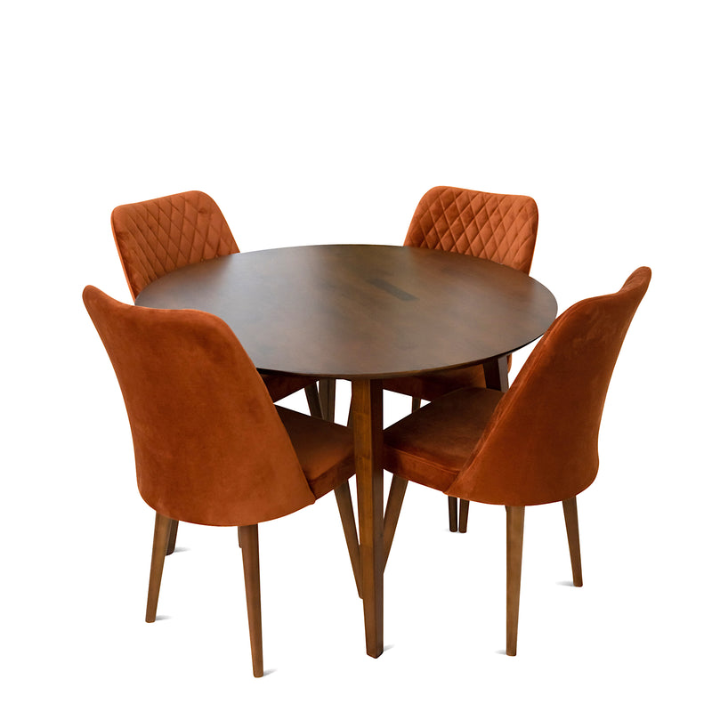 Palmer Dining set with 4 Evette Orange Dining Chairs (Walnut) | Mid in Mod | Houston TX | Best Furniture stores in Houston