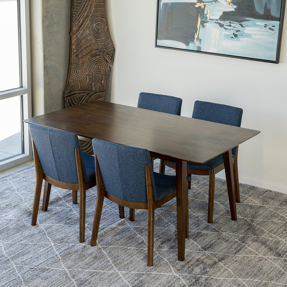 Dining room table with blue online chairs