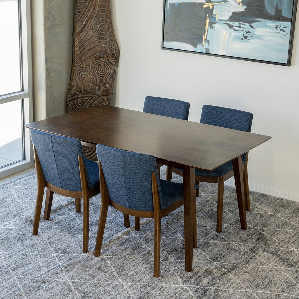 Adira Large Walnut Dining Set - 4 Virginia Blue Chairs | MidinMod | TX | Best Furniture stores in Houston