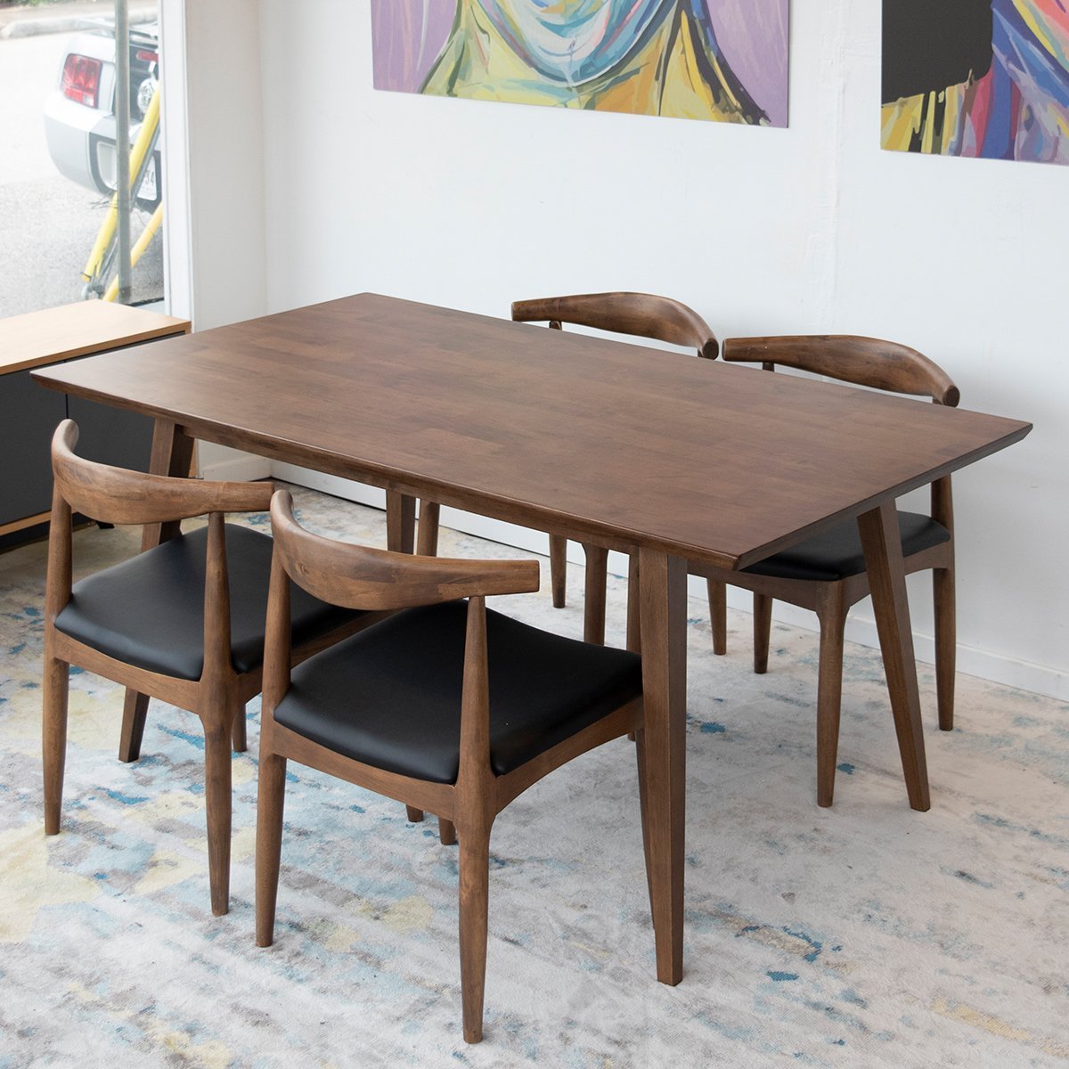 Wood table with leather chairs hot sale