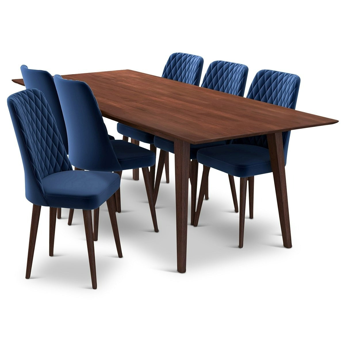 Adira XLarge Walnut Dining Set | 6 Evette Blue Velvet Dining Chairs | Mid in Mod | Houston TX | Best Furniture stores in Houston