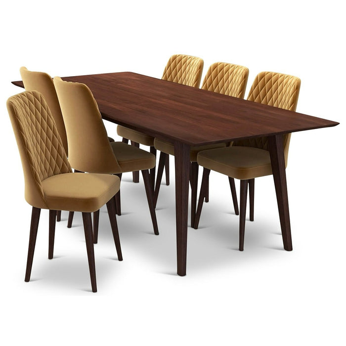 Adira XL Walnut Dining Set - 6 Evette Gold Velvet Chairs | MidinMod | TX | Best Furniture stores in Houston