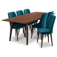 Adira (XLarge - Walnut) Dining Set with 6 Evette (Teal Velvet) Dining Chairs - MidinMod Houston Tx Mid Century Furniture Store - Dining Tables 1