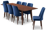 Adira XLarge Walnut Dining Set - 8 Evette Blue Velvet Chairs | MidinMod | TX | Best Furniture stores in Houston