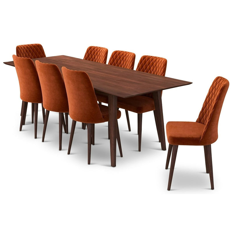 Adira XL Walnut Dining Set - 8 Evette Burnt Orange Velvet Chairs | MidinMod | TX | Best Furniture stores in Houston