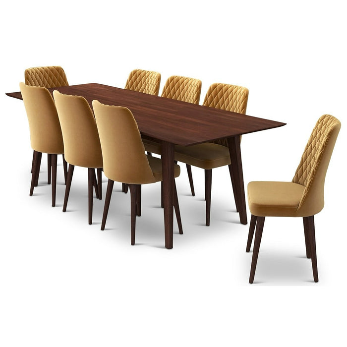 Adira XL Walnut Dining Set - 8 Evette Gold Velvet Chairs | MidinMod | TX | Best Furniture stores in Houston