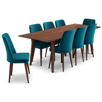 Adira (XLarge - Walnut) Dining Set with 8 Evette (Teal Velvet) Dining Chairs - MidinMod Houston Tx Mid Century Furniture Store - Dining Tables 1