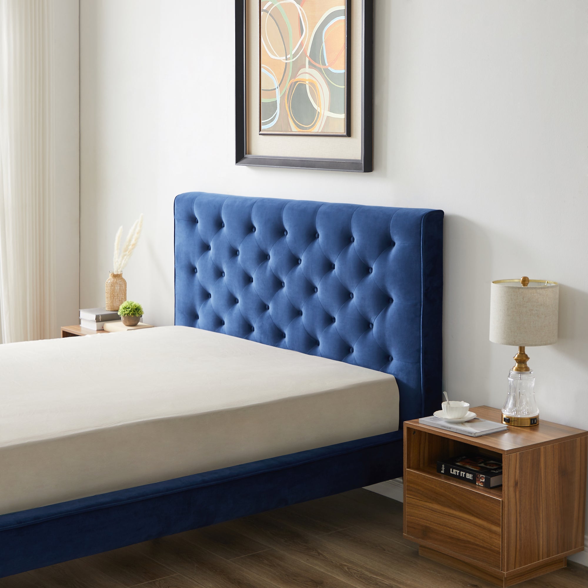 Ashley Queen Navy Blue Velvet Platform Bed - MidinMod