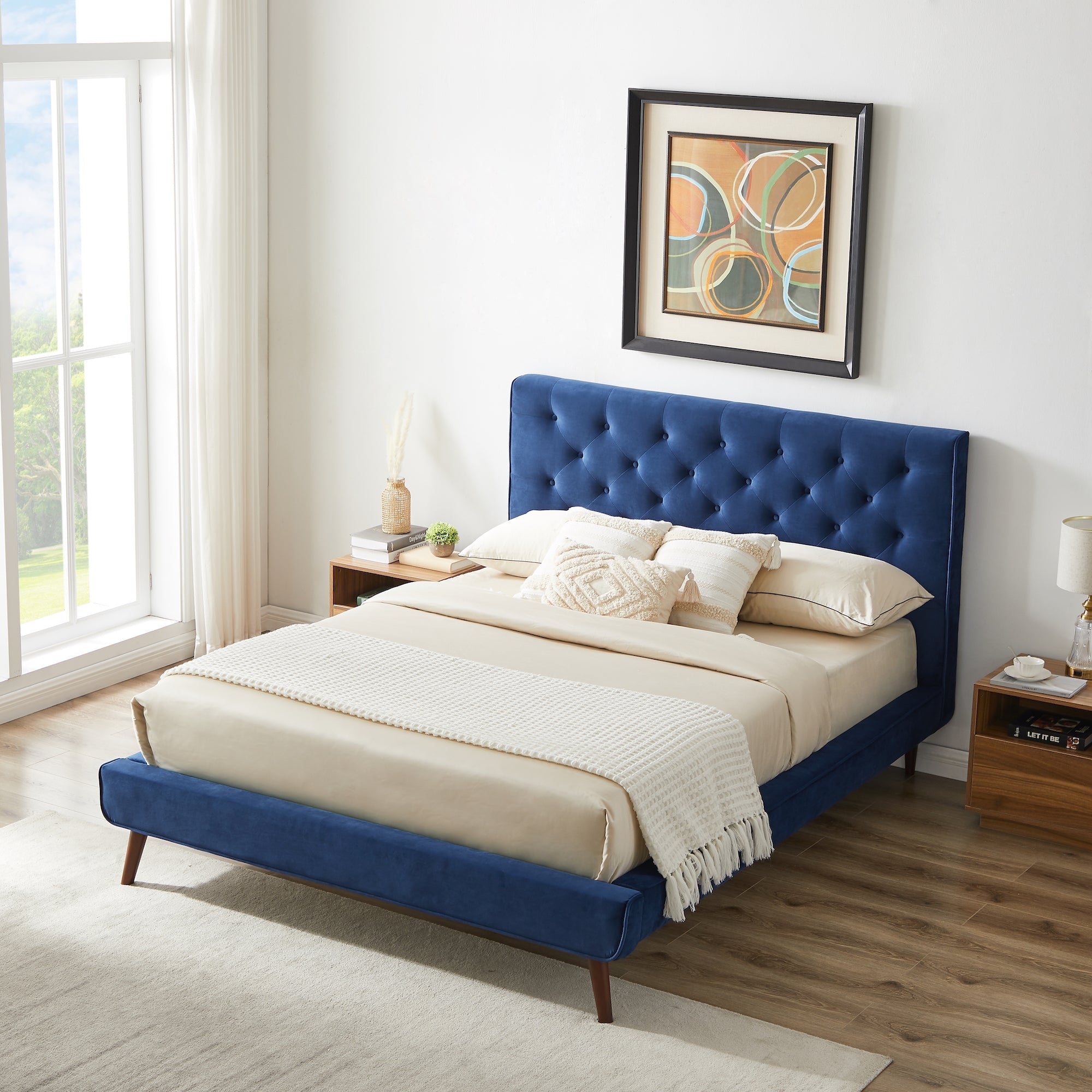 Ashley Queen Navy Blue Velvet Platform Bed - MidinMod