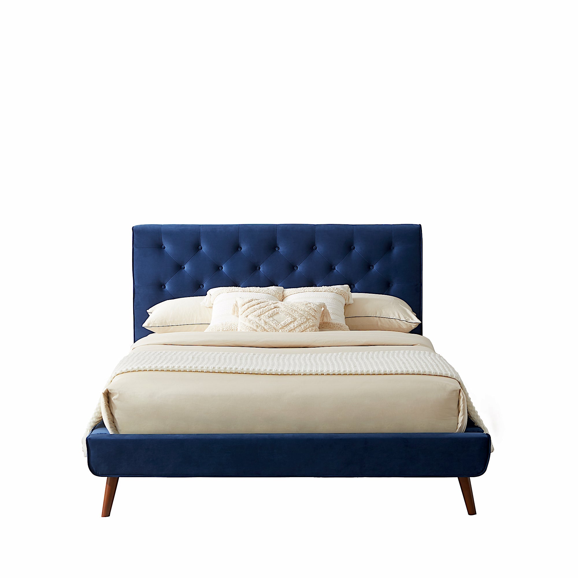 Ashley Queen Navy Blue Velvet Platform Bed - MidinMod