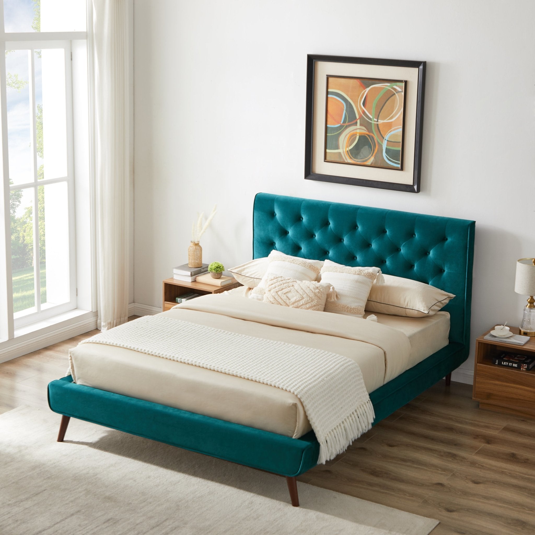 Ashley Queen Turquoise Velvet Platform Bed - MidinMod