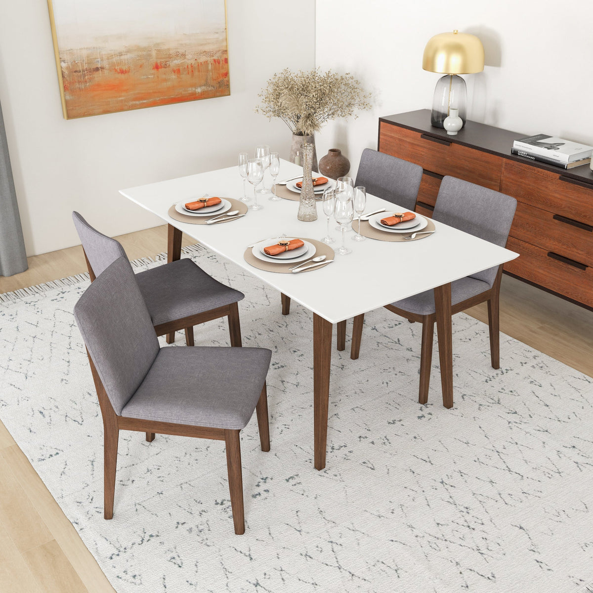 Dining Set, Alpine Large White Table with 4 Virginia Gray Fabric Chairs