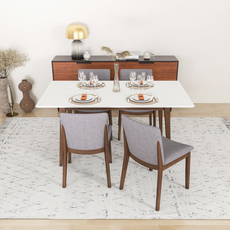 Dining Set, Alpine Large White Table with 4 Virginia Gray Fabric Chairs