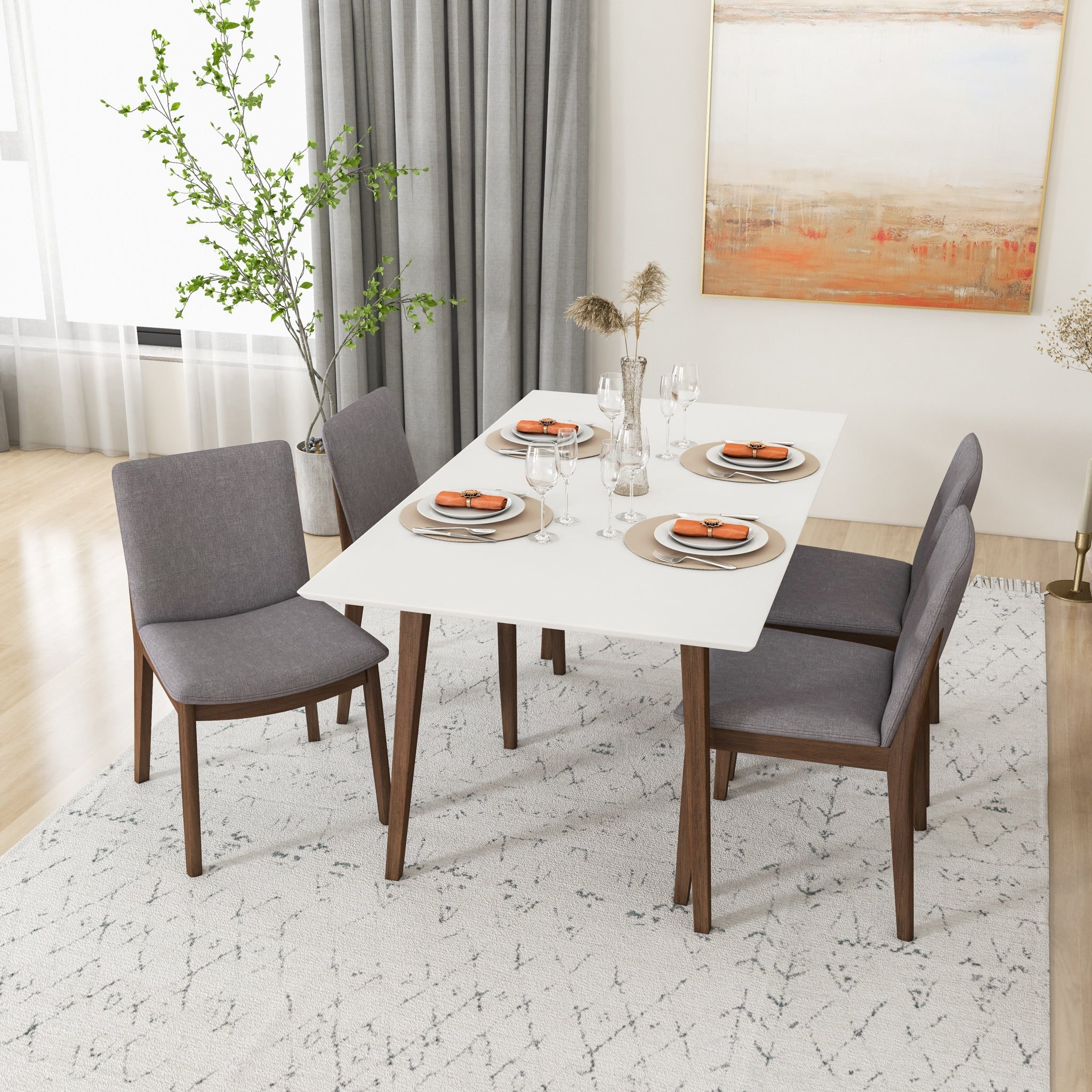 Dining Set Alpine Large White Table with 4 Virginia Gray Fabric