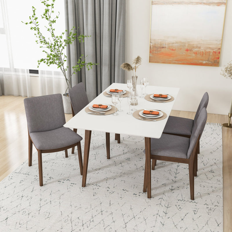 Dining Set, Alpine Large White Table with 4 Virginia Gray Fabric Chairs