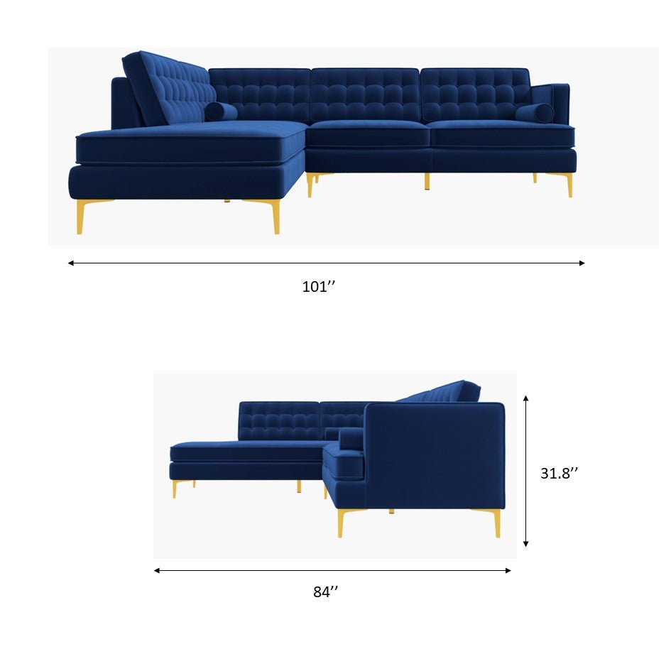 Caleb Blue Velvet Sectional Sofa Right Facing Chaise - MidinMod