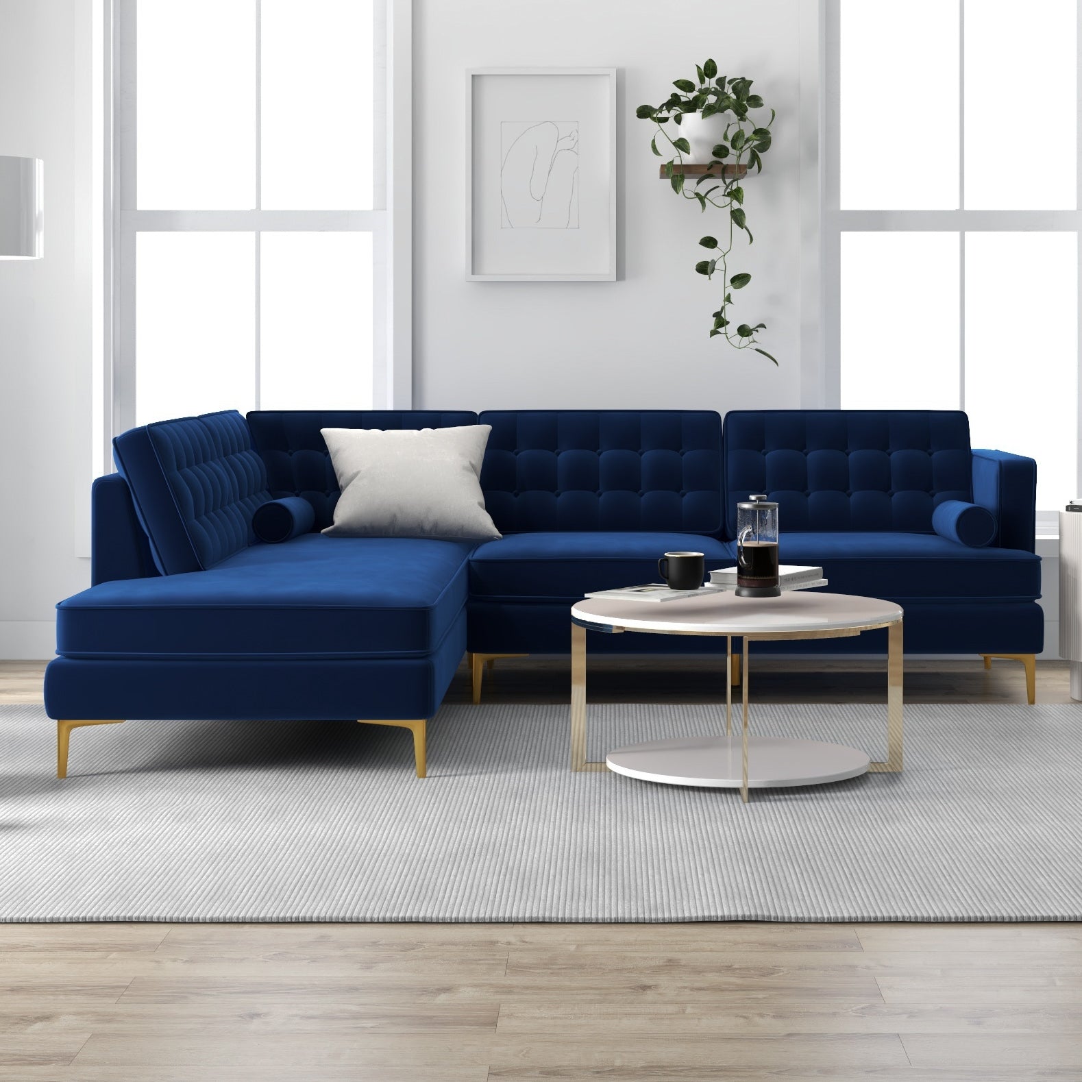 Caleb Blue Velvet Sectional Sofa Left Facing Chaise - MidinMod