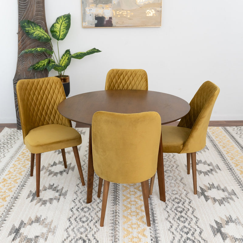 Aliana Dining Set with 4 Evette Gold Chairs (Walnut) | Mid in Mod | Houston TX | Best Furniture stores in Houston