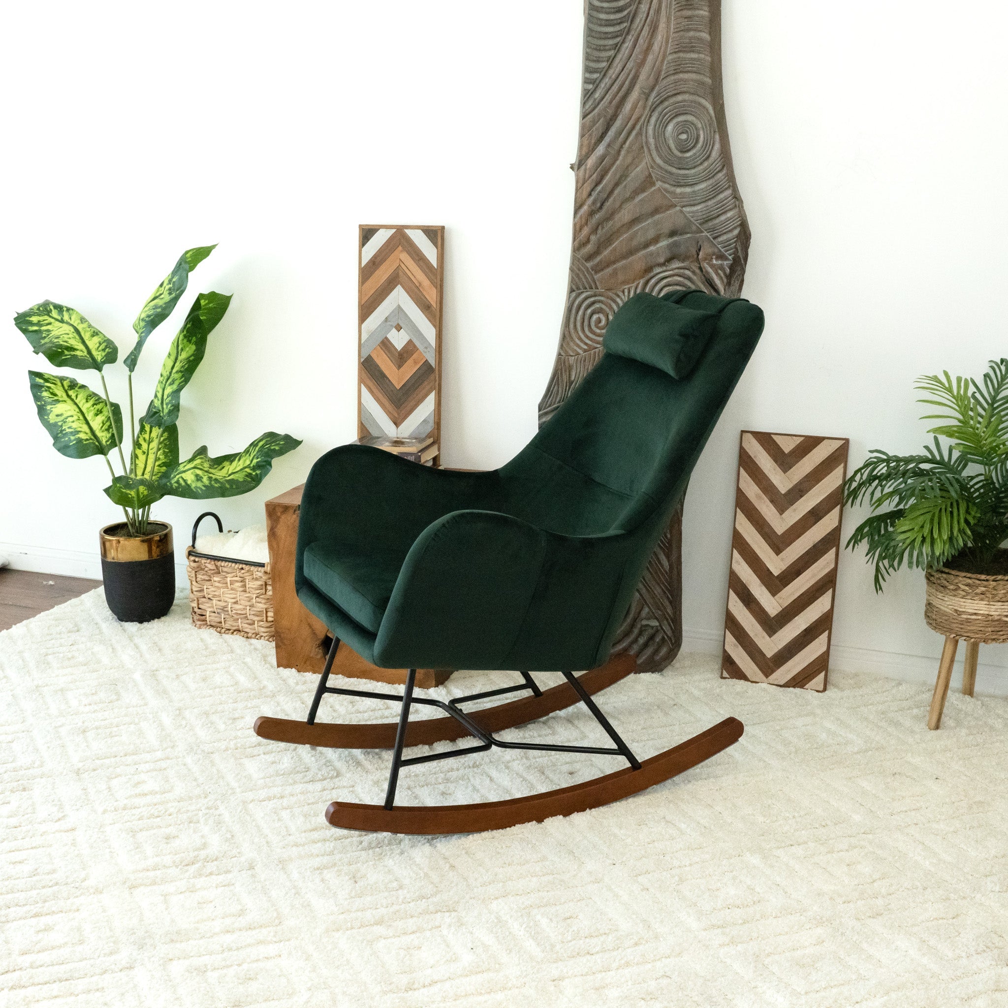 Rumi Green Velvet Fabric Rocking Chair - MidinMod