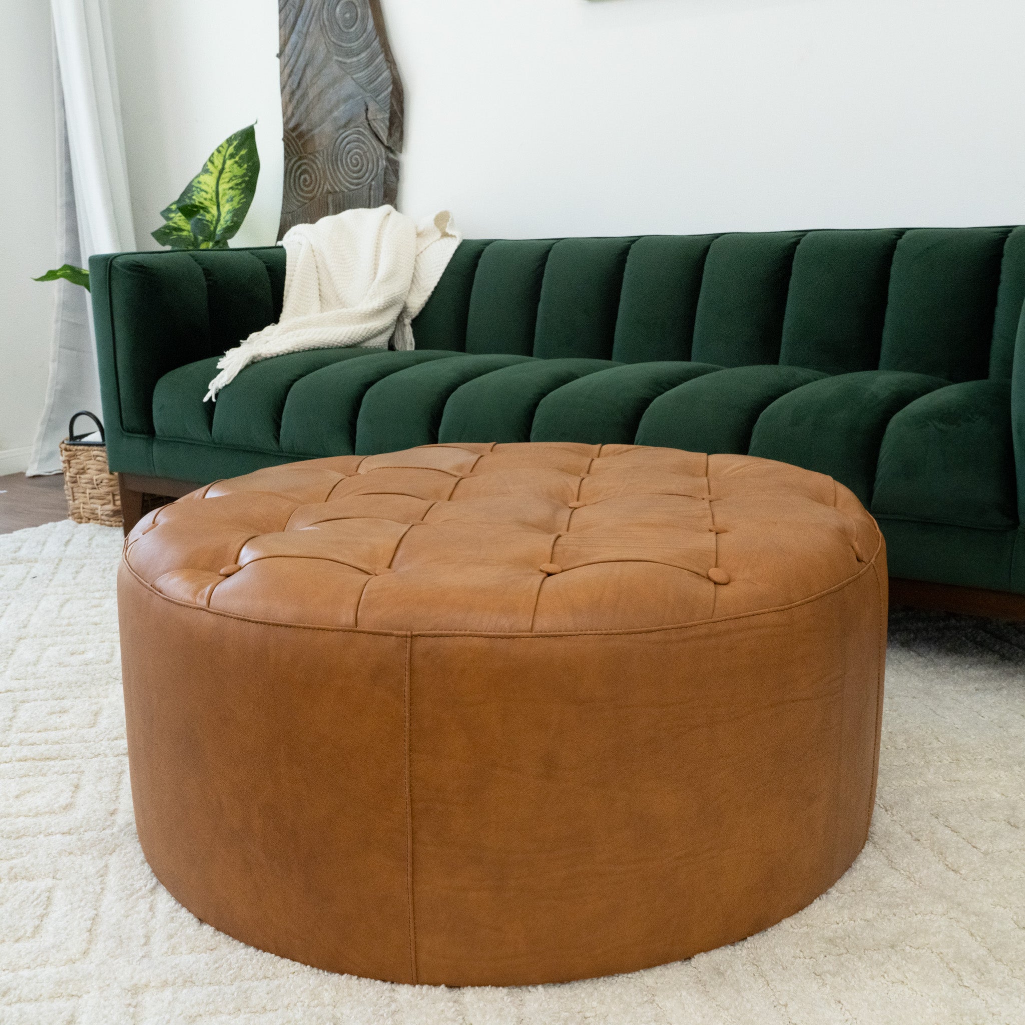 Timber Tan Leather Round Ottoman - MidinMod