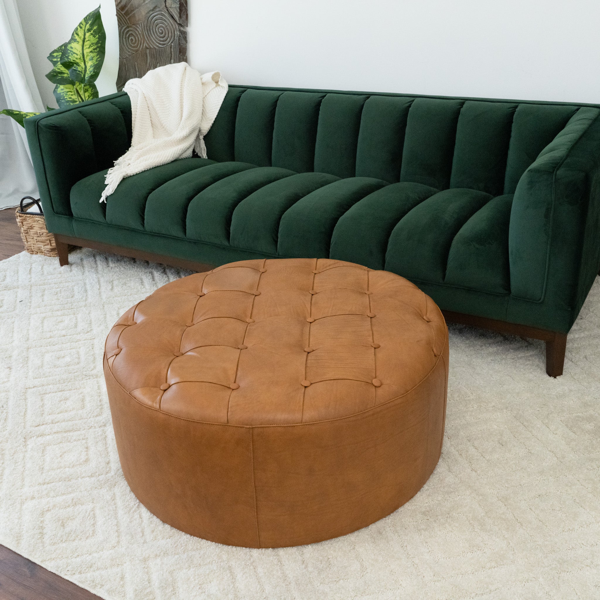 Timber Tan Leather Round Ottoman - MidinMod