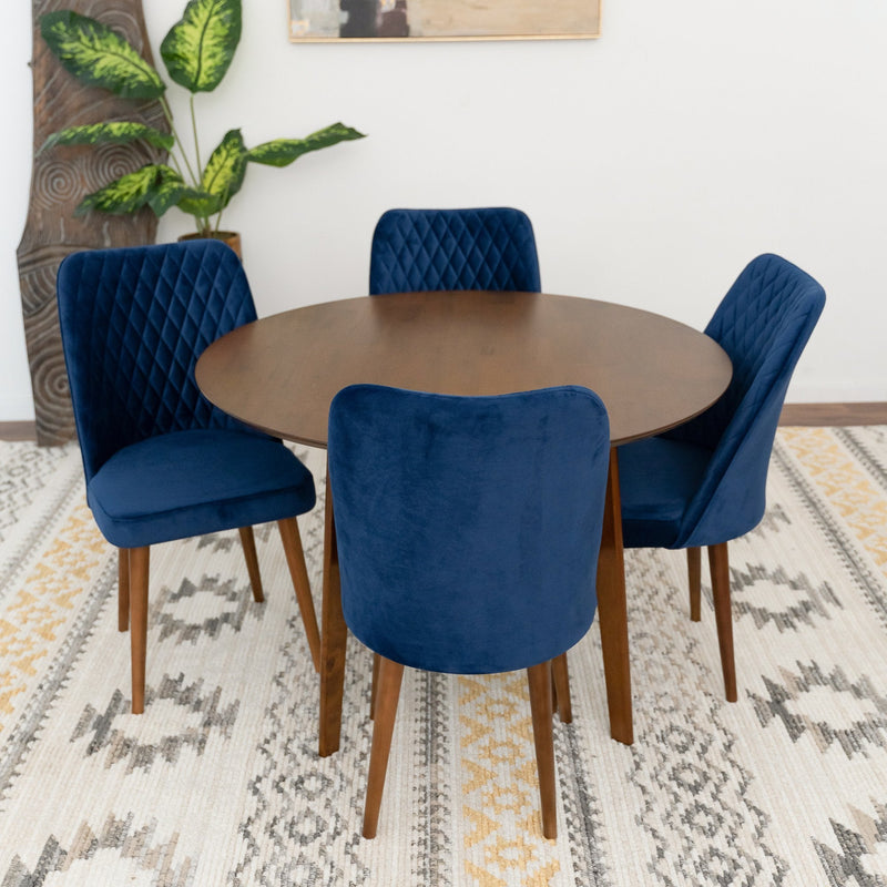 Aliana Dining Set with 4 Evette Blue Chairs (Walnut) | Mid in Mod | Houston TX | Best Furniture stores in Houston