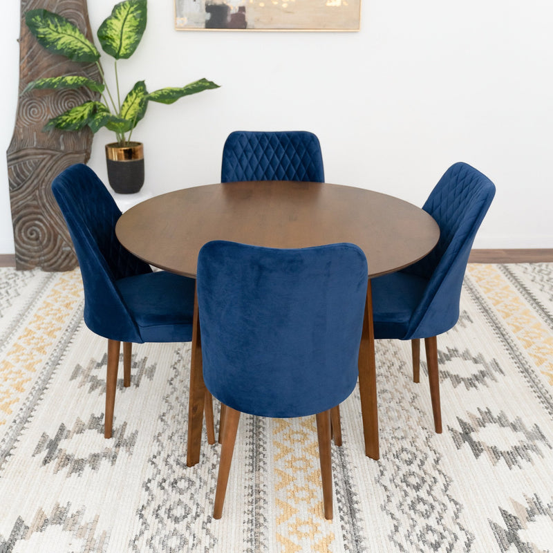 Aliana Dining Set with 4 Evette Blue Chairs (Walnut) | Mid in Mod | Houston TX | Best Furniture stores in Houston