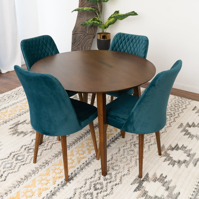 Palmer Dining set with 4 Evette Teal Dining Chairs (Walnut) | Mid in Mod | Houston TX | Best Furniture stores in Houston