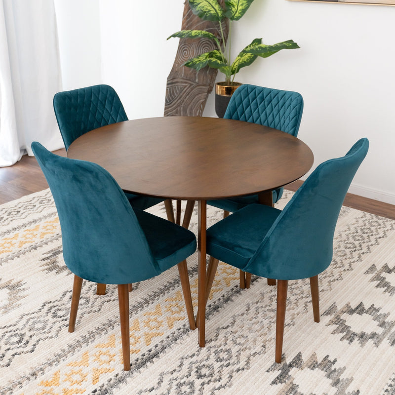 Aliana Dining set with 4 Evette Teal Chairs (Walnut) | Mid in Mod | Houston TX | Best Furniture stores in Houston