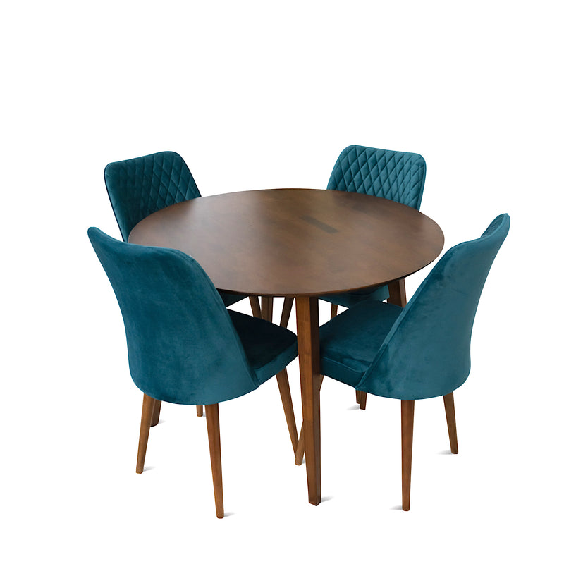 Palmer Dining set with 4 Evette Teal Dining Chairs (Walnut) | Mid in Mod | Houston TX | Best Furniture stores in Houston