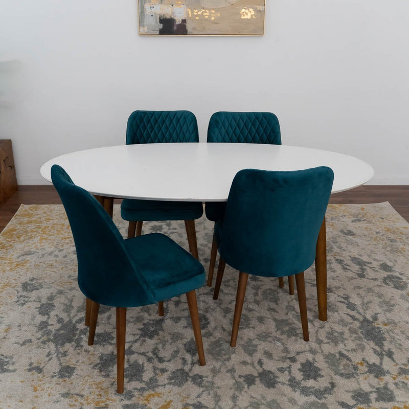 Dining Set Rixos White Table with 4 Evette Teal Chairs | Mid in Mod | Houston TX | Best Furniture stores in Houston